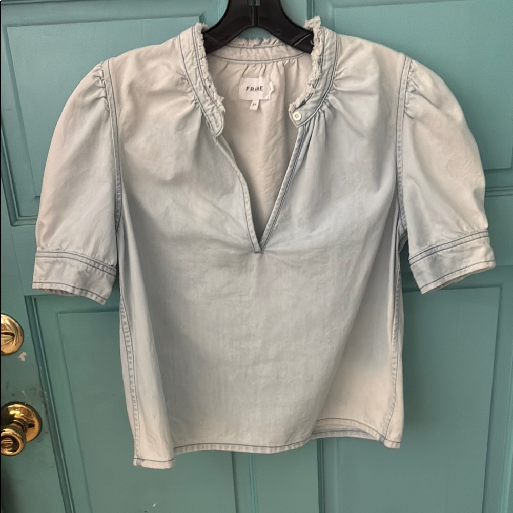 Frame Shorty Denim Shirt Sleeve Top. Faded Denim Color. Size Small. # 3132